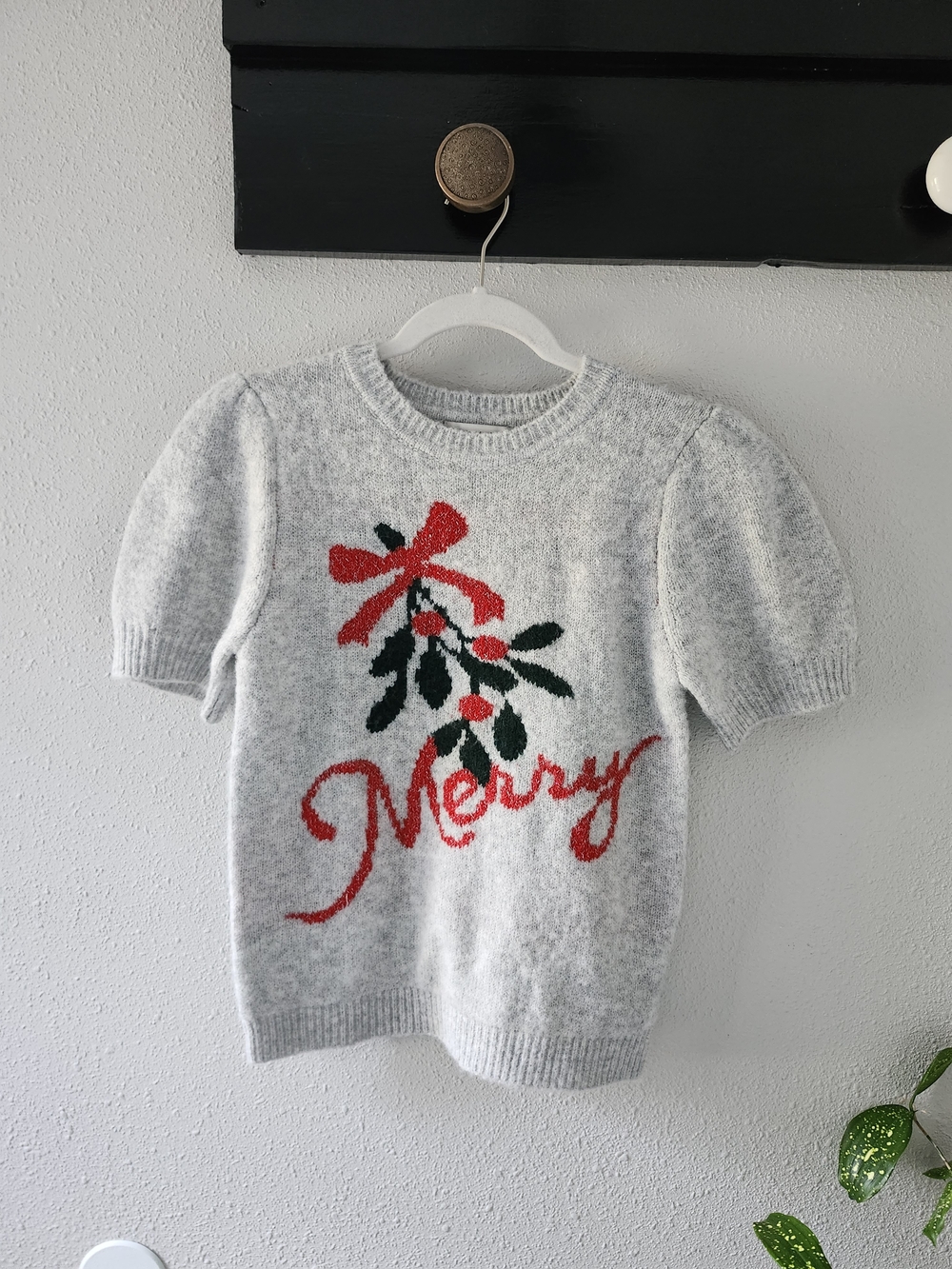 cupcakes & cashmere Gray Holiday Knit Sweater with Red Script & Green Motif